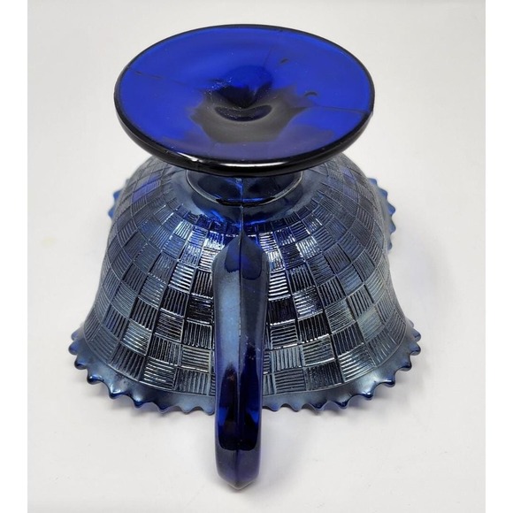 Northwood Cobalt Blue Fruits & Flowers Carnival Glass Handled Bonbon Dish - Picture 10 of 11